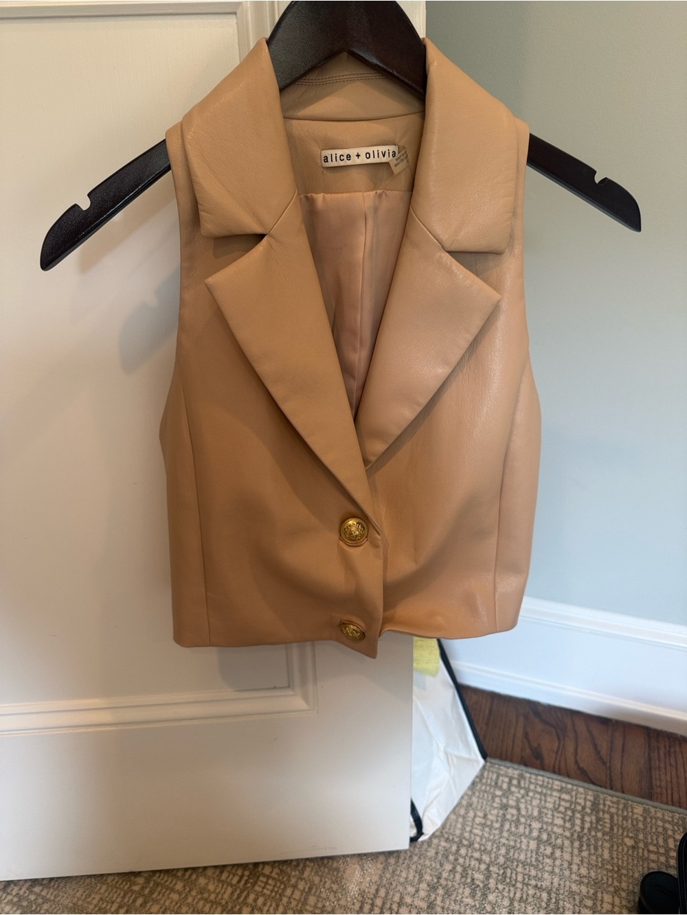 Alice + Olivia Camel Leather Sleeveless Blazer Vest with Gold Buttons